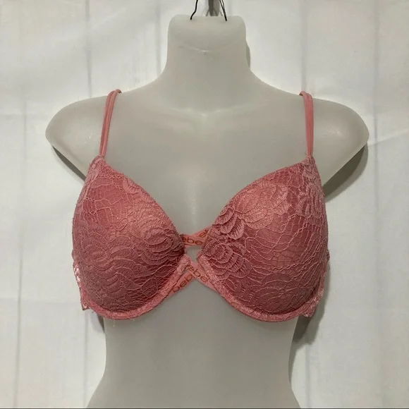 bebe Womens Push-Up Bra 38C Pink Lace Logo Criss Cross - Picture 3 of 6
